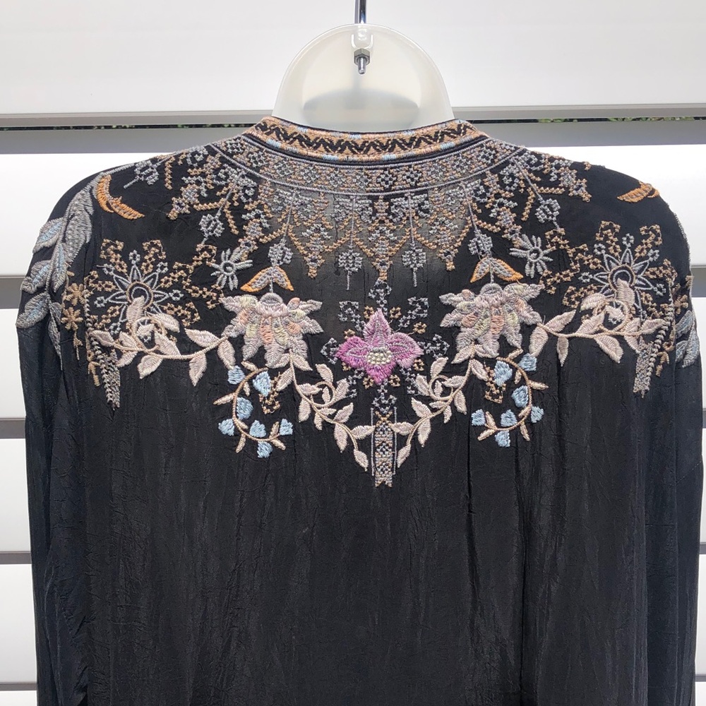 Johnny Was Black Embroidered Boho Tunic with Cream & Pink Accents - Picture 7 of 8